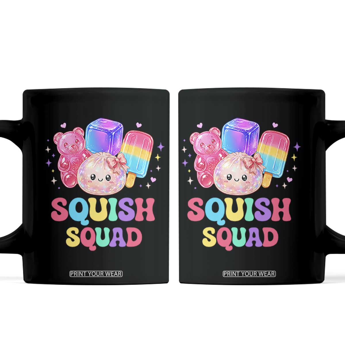 Squish Squad Kawaii Glitter Dumpling and Candy Graphic Coffee Mug Cute Gummy Bear Popsicle TS02 Black Print Your Wear
