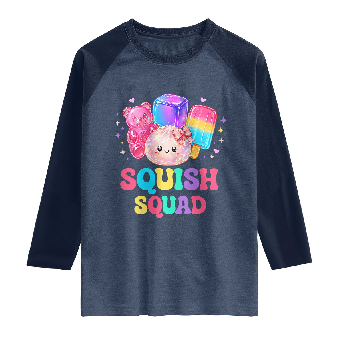 Squish Squad Kawaii Glitter Dumpling and Candy Graphic Raglan Shirt Cute Gummy Bear Popsicle TS02 Heather Denim Navy Print Your Wear