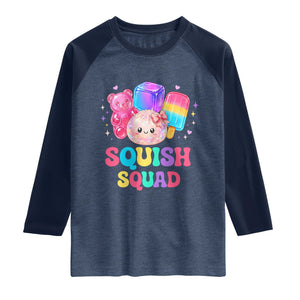 Squish Squad Kawaii Glitter Dumpling and Candy Graphic Raglan Shirt Cute Gummy Bear Popsicle TS02 Heather Denim Navy Print Your Wear