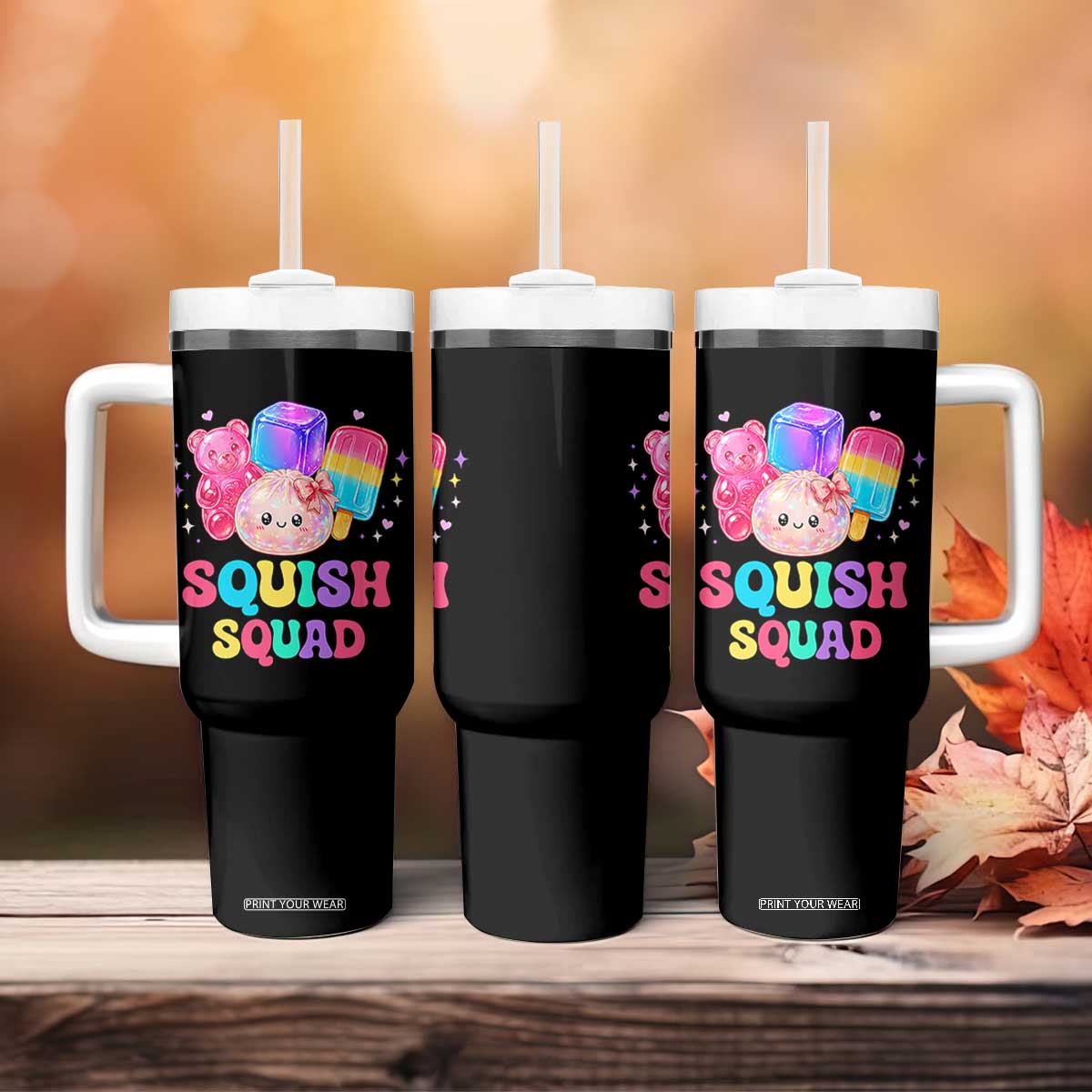 Squish Squad Kawaii Glitter Dumpling and Candy Graphic Tumbler With Handle Cute Gummy Bear Popsicle TS02 Print Your Wear