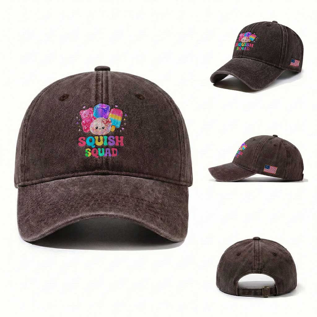 Squish Squad Kawaii Glitter Dumpling and Candy Graphic Washed Cotton Baseball Cap Cute Gummy Bear Popsicle TS02 Washed Cap Universal Fit Dark Brown Print Your Wear