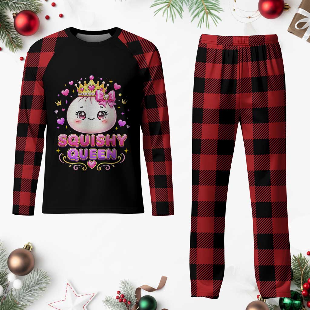 Squishy Queen Kawaii Glitter Dumpling Graphic Plaid Pajama Set Cute Tiara Crown and Pink Bow TS02 Buffalo Plaid Print Your Wear