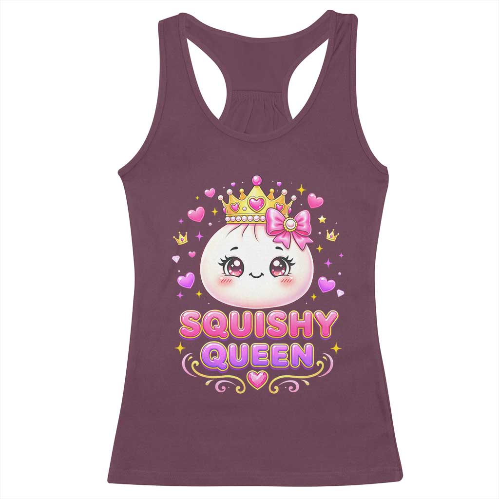 Squishy Queen Kawaii Glitter Dumpling Graphic Racerback Tank Top Cute Tiara Crown and Pink Bow TS02 Maroon Print Your Wear
