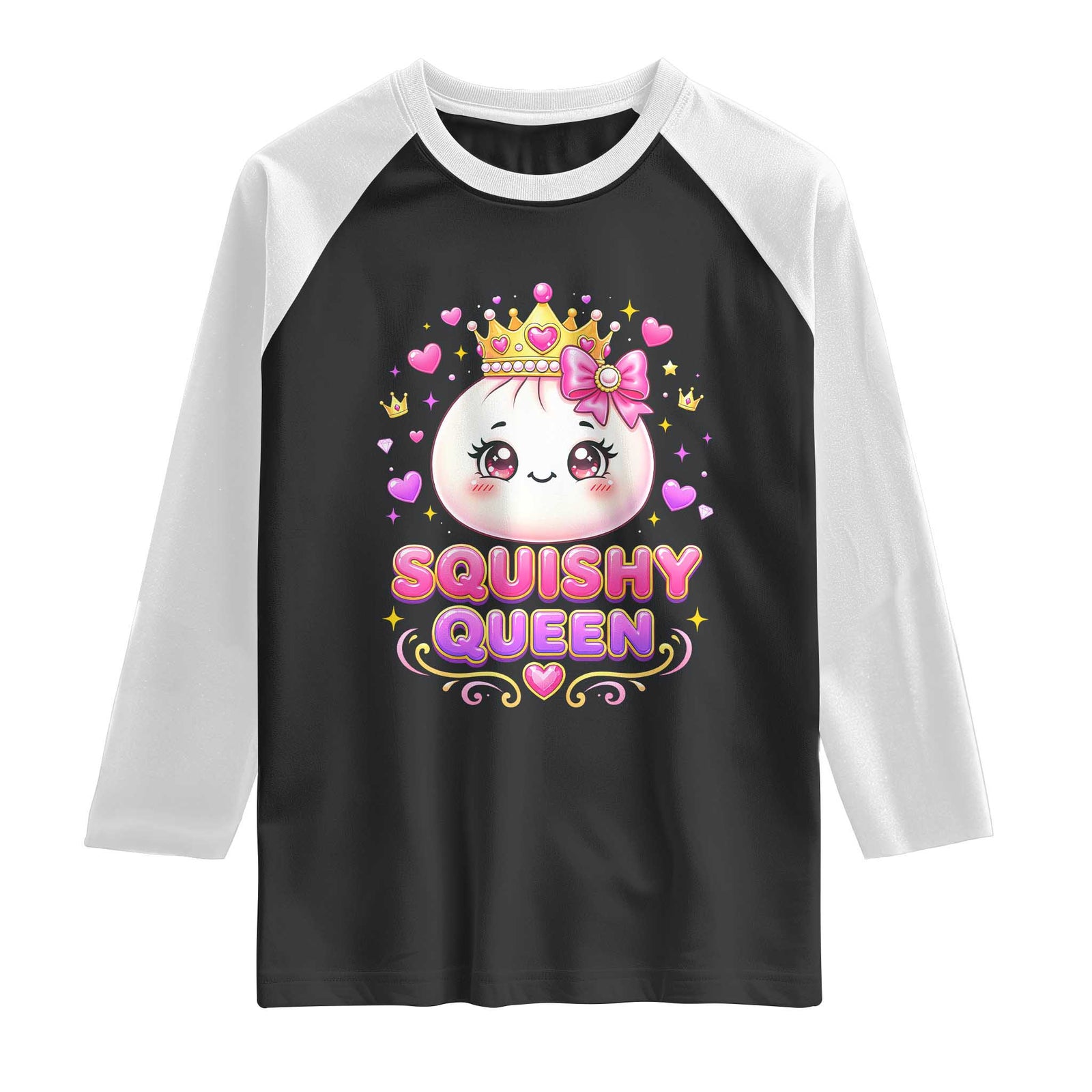 Squishy Queen Kawaii Glitter Dumpling Graphic Raglan Shirt Cute Tiara Crown and Pink Bow TS02 Black White Print Your Wear