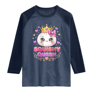 Squishy Queen Kawaii Glitter Dumpling Graphic Raglan Shirt Cute Tiara Crown and Pink Bow TS02 Heather Denim Navy Print Your Wear