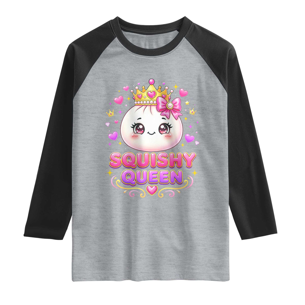 Squishy Queen Kawaii Glitter Dumpling Graphic Raglan Shirt Cute Tiara Crown and Pink Bow TS02 Heather Gray Black Print Your Wear