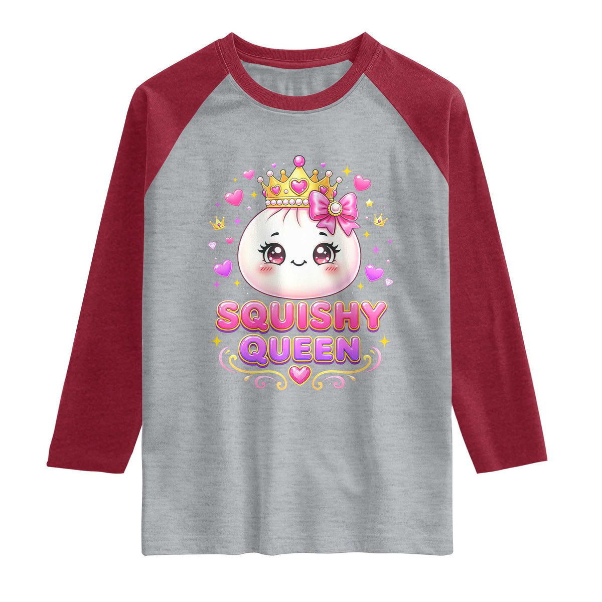 Squishy Queen Kawaii Glitter Dumpling Graphic Raglan Shirt Cute Tiara Crown and Pink Bow TS02 Heather Gray Heather Red Print Your Wear