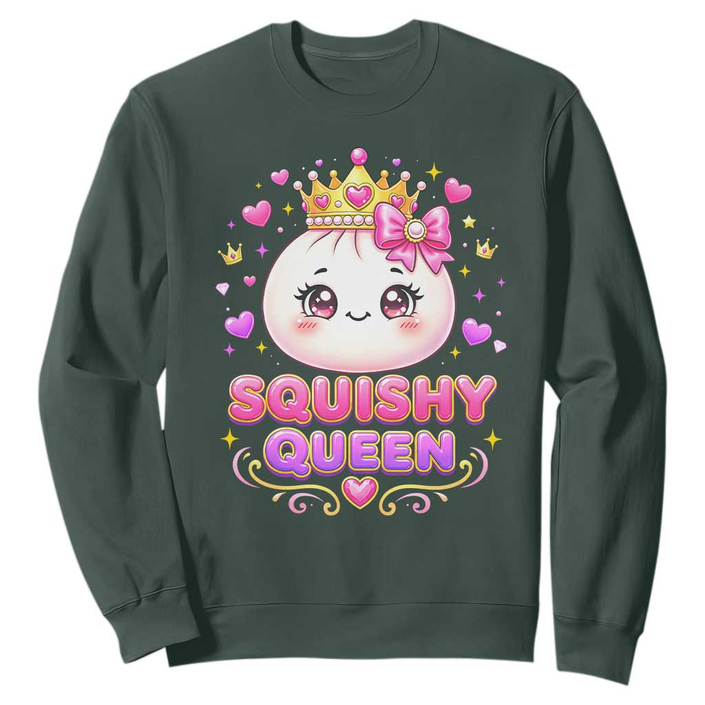 Squishy Queen Kawaii Glitter Dumpling Graphic Sweatshirt Cute Tiara Crown and Pink Bow TS02 Dark Forest Green Print Your Wear