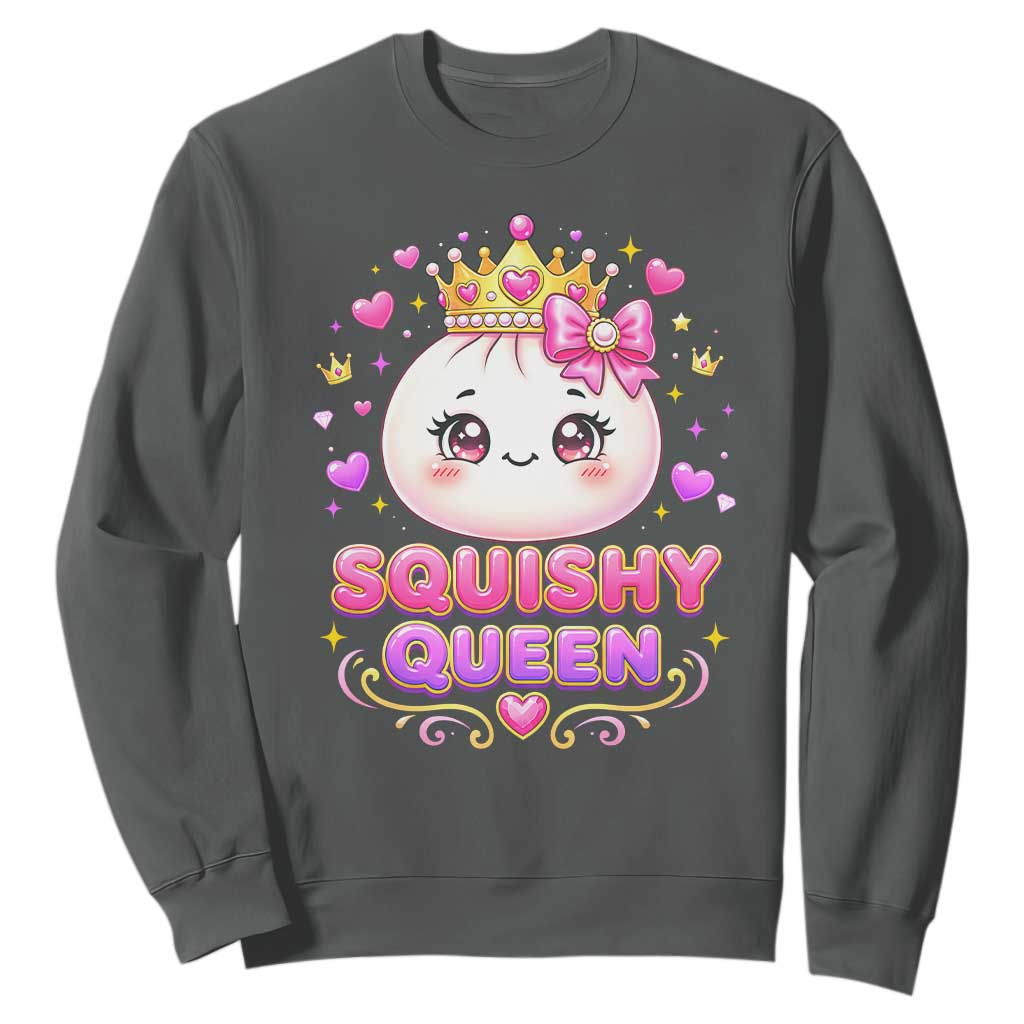 Squishy Queen Kawaii Glitter Dumpling Graphic Sweatshirt Cute Tiara Crown and Pink Bow TS02 Dark Heather Print Your Wear