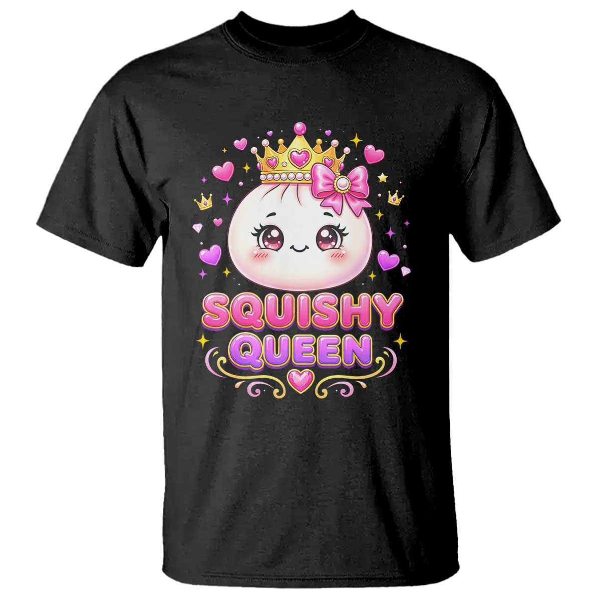 Squishy Queen Kawaii Glitter Dumpling Graphic T Shirt Cute Tiara Crown and Pink Bow TS02 Black Print Your Wear