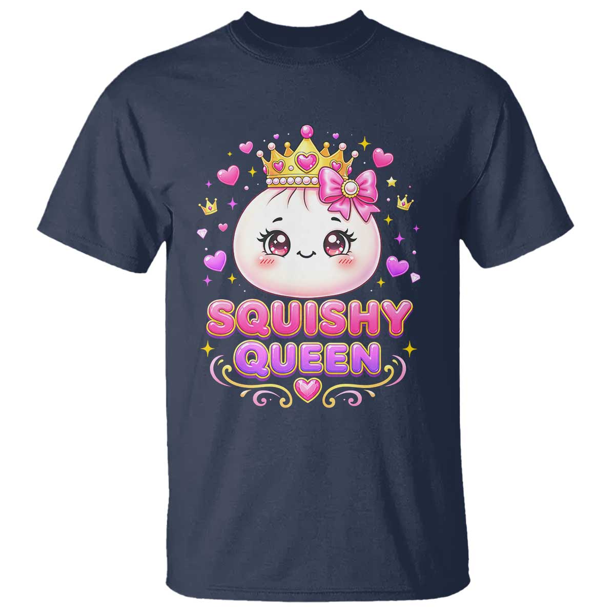 Squishy Queen Kawaii Glitter Dumpling Graphic T Shirt Cute Tiara Crown and Pink Bow TS02 Navy Print Your Wear