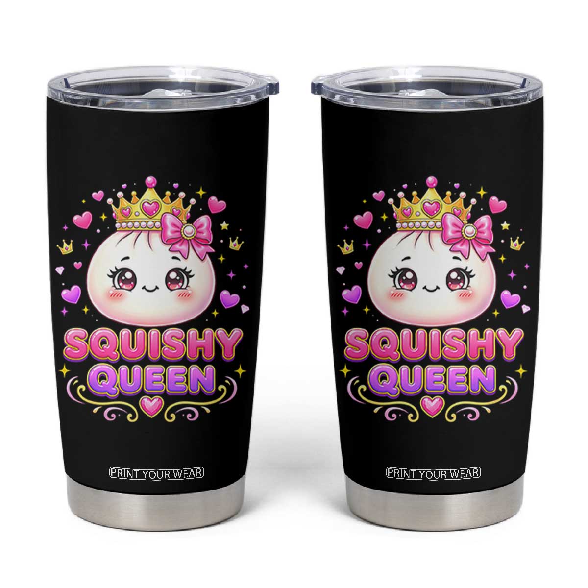 Squishy Queen Kawaii Glitter Dumpling Graphic Tumbler Cup Cute Tiara Crown and Pink Bow TS02 Black Print Your Wear
