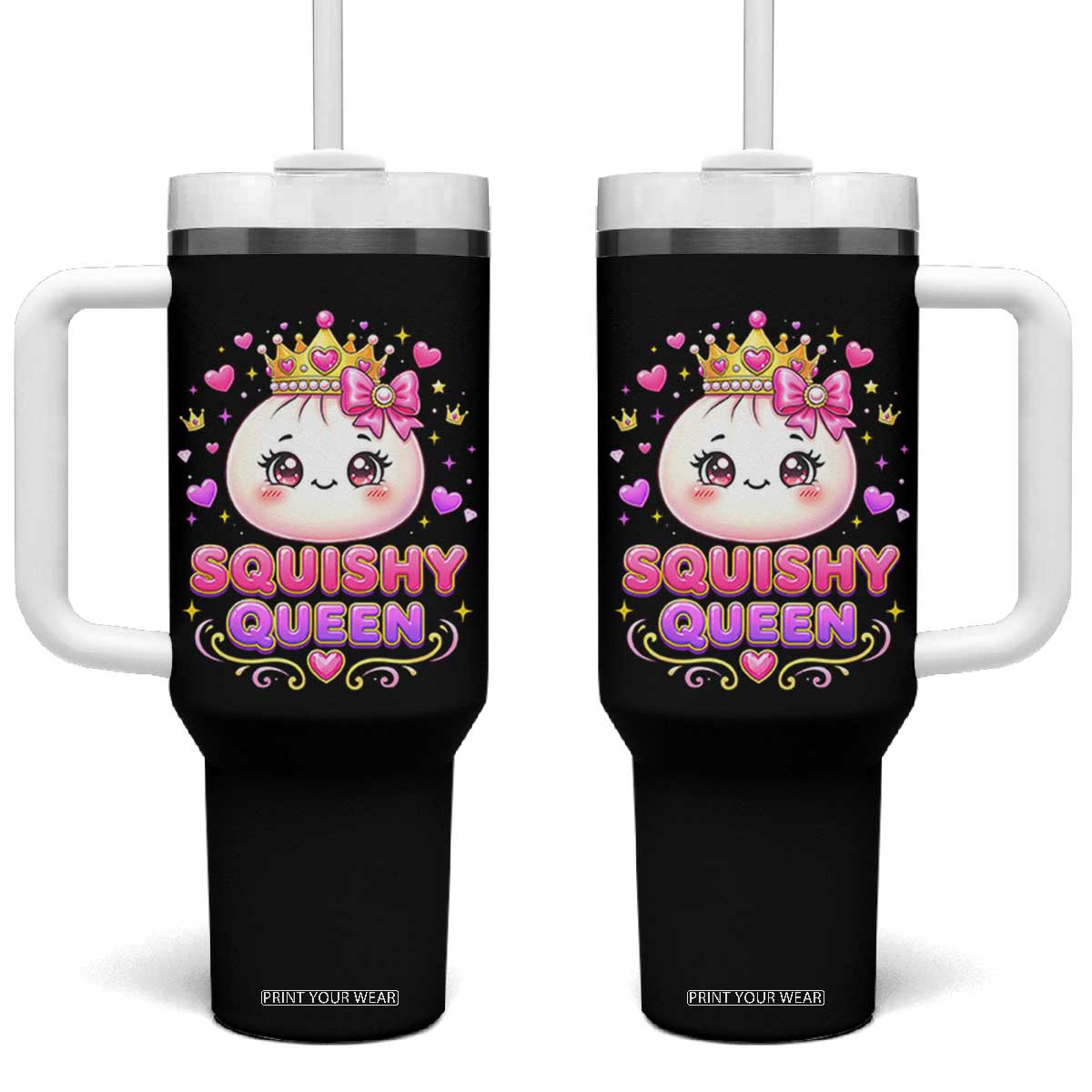 Squishy Queen Kawaii Glitter Dumpling Graphic Tumbler With Handle Cute Tiara Crown and Pink Bow TS02 One Size: 40 oz Black Print Your Wear