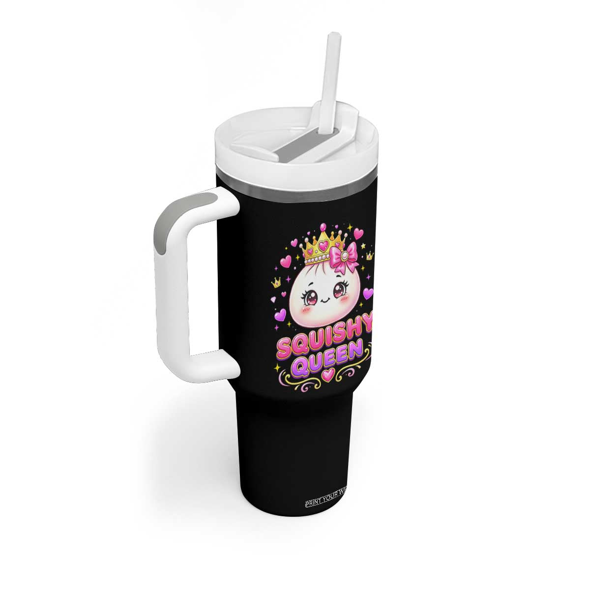 Squishy Queen Kawaii Glitter Dumpling Graphic Tumbler With Handle Cute Tiara Crown and Pink Bow TS02 Print Your Wear