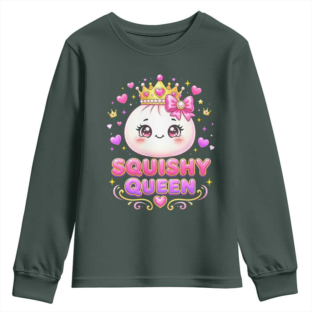 Squishy Queen Kawaii Glitter Dumpling Graphic Youth Sweatshirt Cute Tiara Crown and Pink Bow TS02 Dark Forest Green Print Your Wear