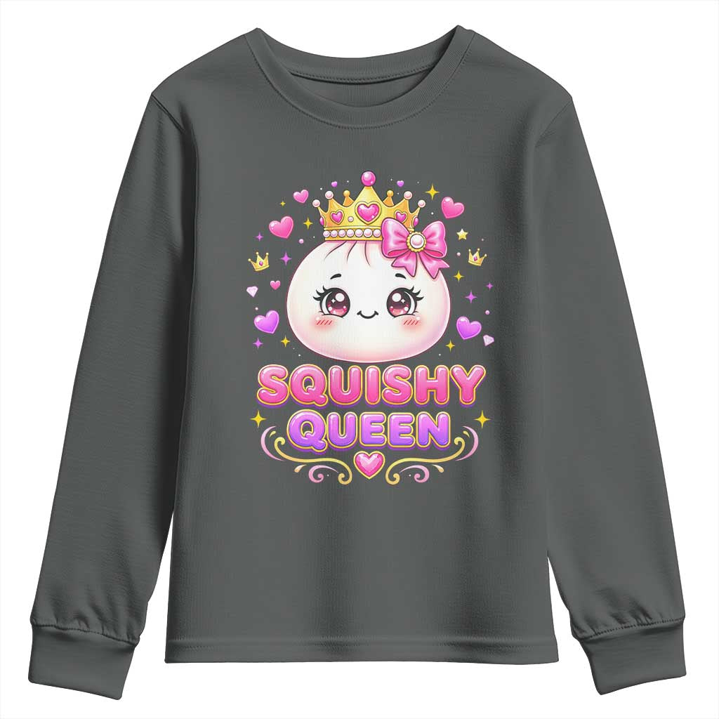 Squishy Queen Kawaii Glitter Dumpling Graphic Youth Sweatshirt Cute Tiara Crown and Pink Bow TS02 Dark Heather Print Your Wear