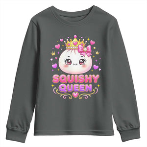 Squishy Queen Kawaii Glitter Dumpling Graphic Youth Sweatshirt Cute Tiara Crown and Pink Bow TS02 Dark Heather Print Your Wear