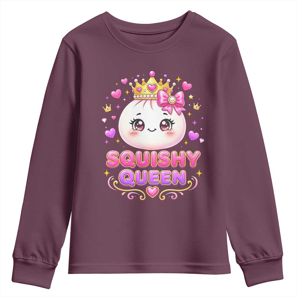 Squishy Queen Kawaii Glitter Dumpling Graphic Youth Sweatshirt Cute Tiara Crown and Pink Bow TS02 Maroon Print Your Wear