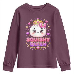 Squishy Queen Kawaii Glitter Dumpling Graphic Youth Sweatshirt Cute Tiara Crown and Pink Bow TS02 Maroon Print Your Wear