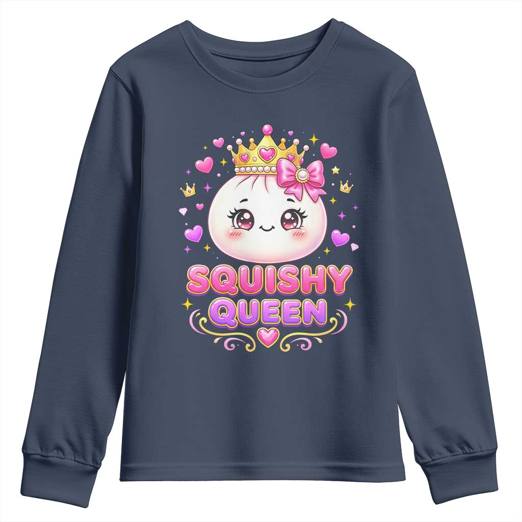 Squishy Queen Kawaii Glitter Dumpling Graphic Youth Sweatshirt Cute Tiara Crown and Pink Bow TS02 Navy Print Your Wear