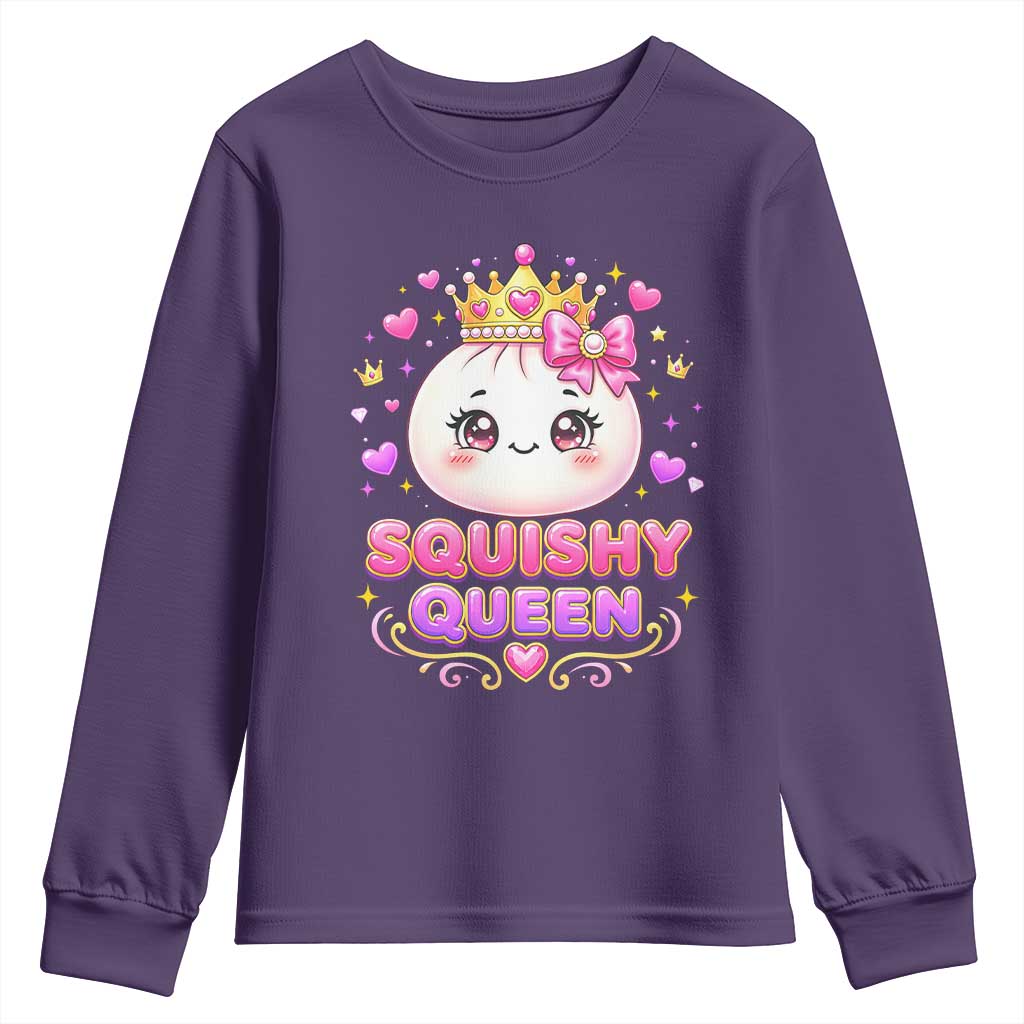 Squishy Queen Kawaii Glitter Dumpling Graphic Youth Sweatshirt Cute Tiara Crown and Pink Bow TS02 Purple Print Your Wear