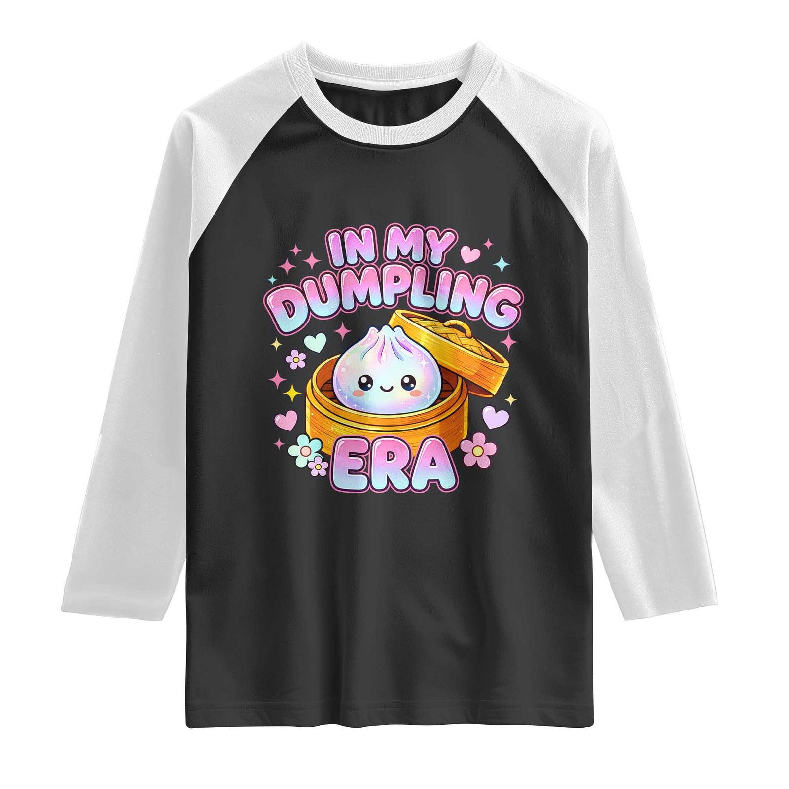 In My Dumpling Era Kawaii Pastel Graphic Raglan Shirt Retro Groovy Glitter Bao Steamer Basket TS02 Black White Print Your Wear