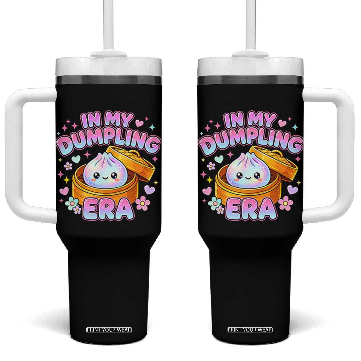 In My Dumpling Era Kawaii Pastel Graphic Tumbler With Handle Retro Groovy Glitter Bao Steamer Basket TS02 One Size: 40 oz Black Print Your Wear