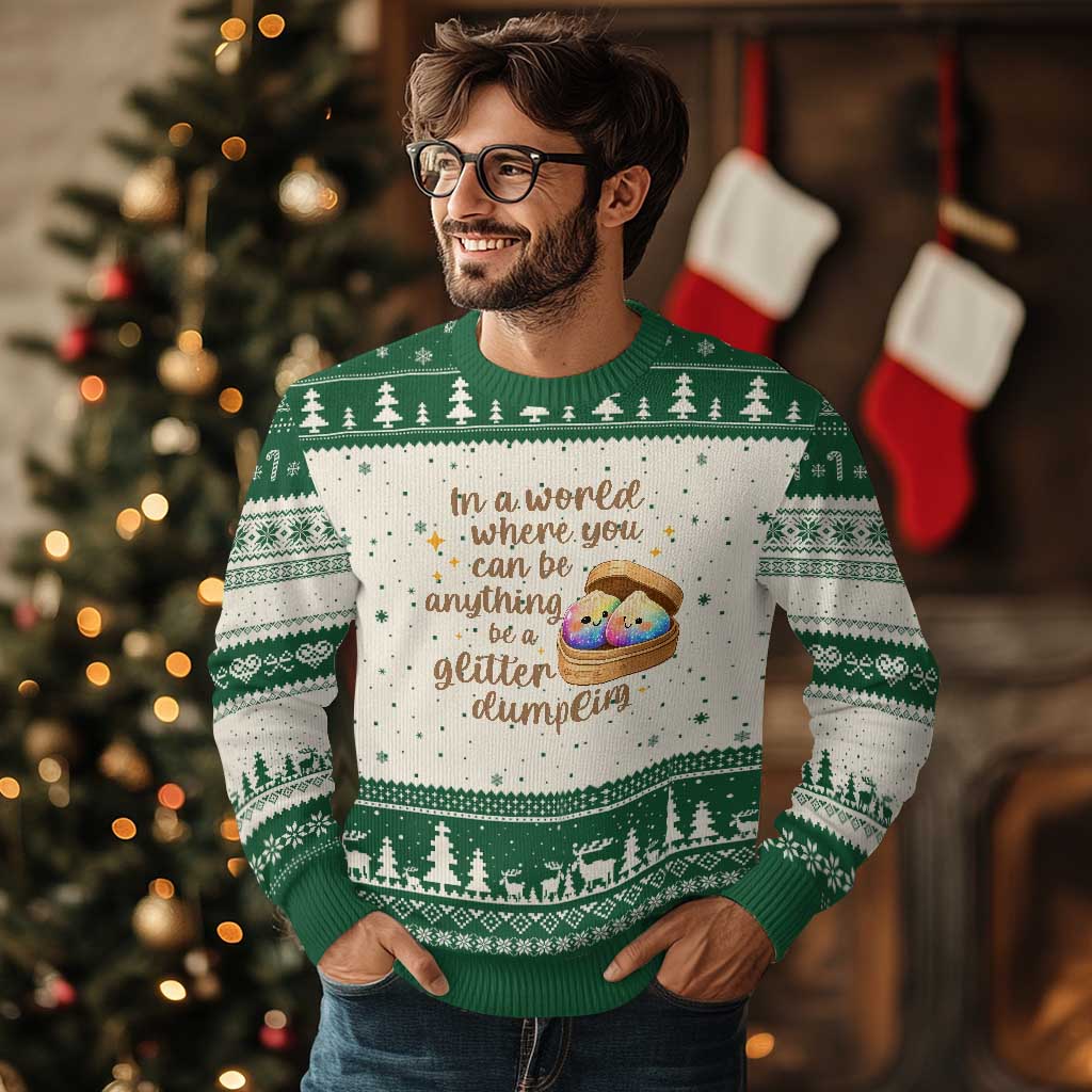 Be A Glitter Dumpling Kawaii Graphic Ugly Christmas Sweater In A World Squish Squad Mystery Box TS02 Beige Green Print Your Wear