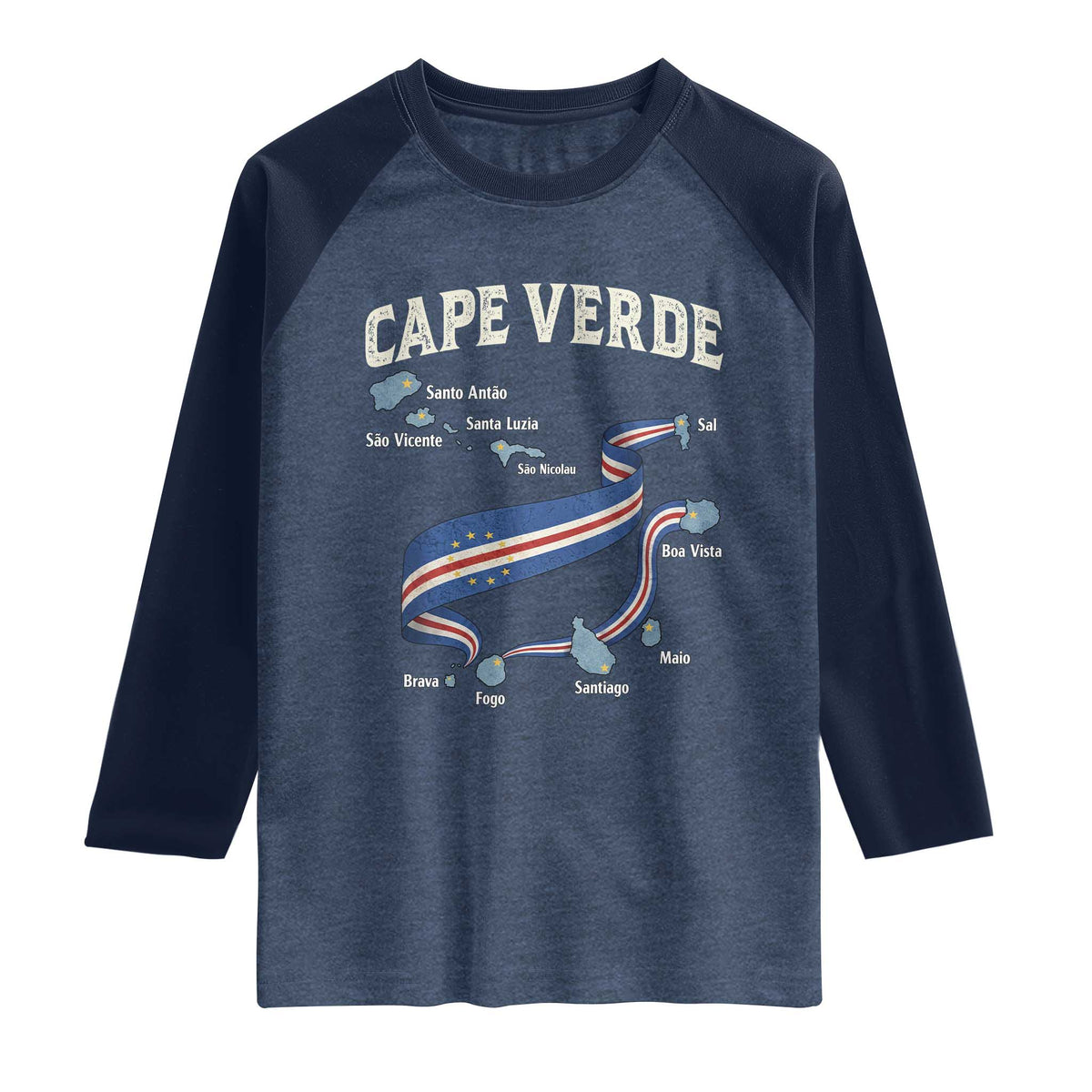 Cape Verde Islands Map National Flag Raglan Shirt Cabo Verde Archipelago Geography Pride TS02 Heather Denim Navy Print Your Wear