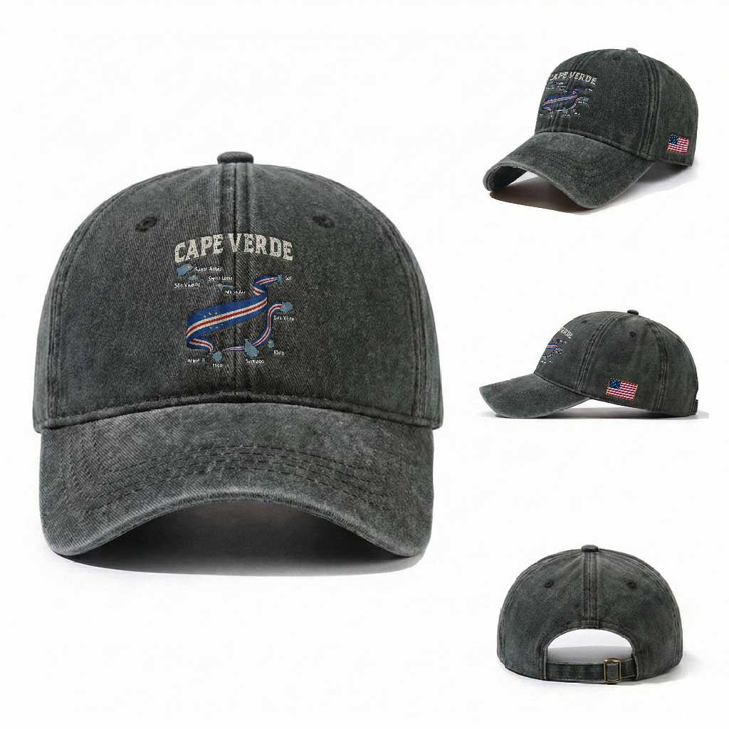 Cape Verde Islands Map National Flag Washed Cotton Baseball Cap Cabo Verde Archipelago Geography Pride TS02 Washed Cap Universal Fit Dark Green Print Your Wear