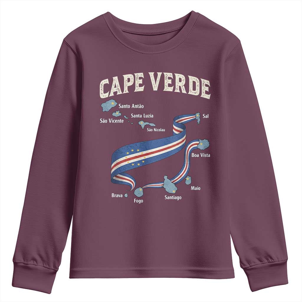 Cape Verde Islands Map National Flag Youth Sweatshirt Cabo Verde Archipelago Geography Pride TS02 Maroon Print Your Wear