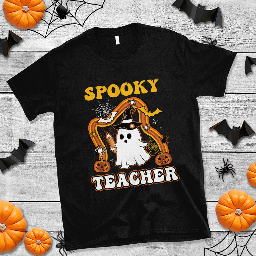 Spooky Teacher Retro Rainbow Ghost Funny Halloween Teacher T Shirt TS02 Purple Printyourwear