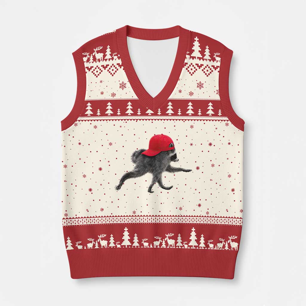Funny Jimothy Raccoon Wearing Red Cap Graphic V-Neck Knit Sweater Vest Viral Seattle Trash Panda Feral Legend TS02 Beige Red Print Your Wear