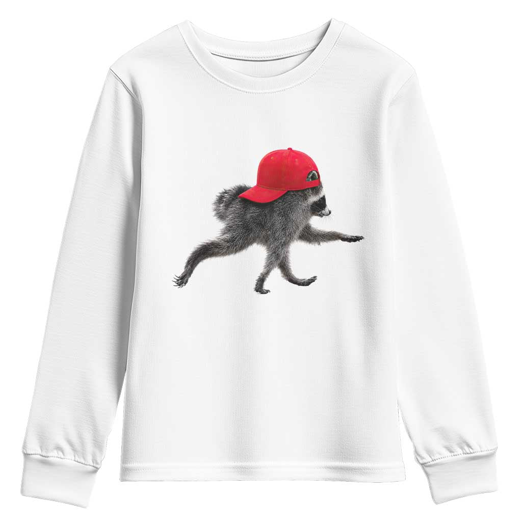 Funny Jimothy Raccoon Wearing Red Cap Graphic Youth Sweatshirt Viral Seattle Trash Panda Feral Legend TS02 White Print Your Wear