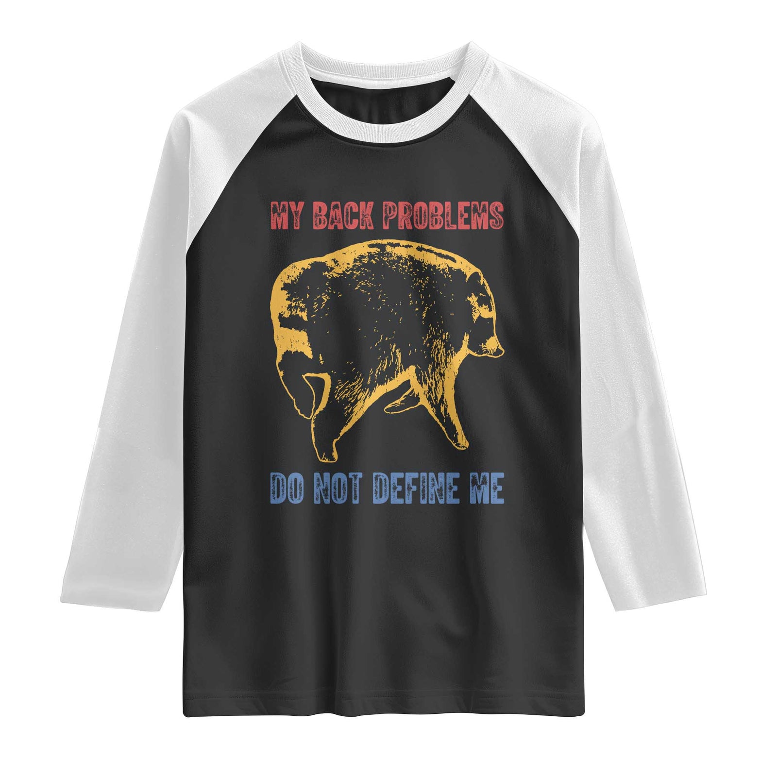 Funny Jimothy Meme Back Pain Humor Raglan Shirt My Back Problems Do Not Define Me Viral Seattle Raccoon TS02 Black White Print Your Wear