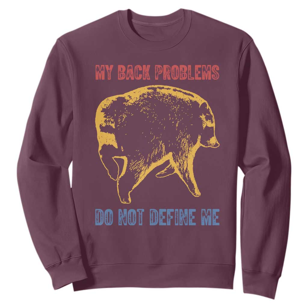 Funny Jimothy Meme Back Pain Humor Sweatshirt My Back Problems Do Not Define Me Viral Seattle Raccoon TS02 Maroon Print Your Wear