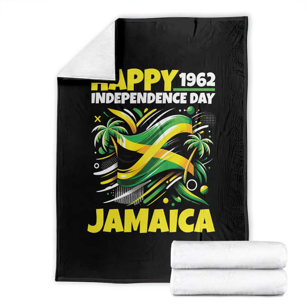 Happy Jamaican Independence Day 1962 Graphic Throw Blanket Jamaica Waving Flag and Palm Trees Caribbean Pride TS02 Black Print Your Wear