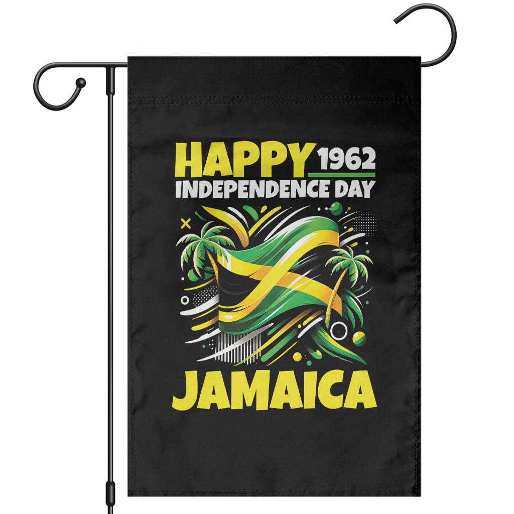 Happy Jamaican Independence Day 1962 Graphic Garden Flag Jamaica Waving Flag and Palm Trees Caribbean Pride TS02 Black Print Your Wear