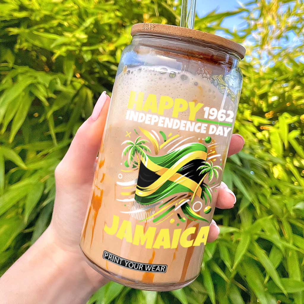 Happy Jamaican Independence Day 1962 Graphic Glass Can Jamaica Waving Flag and Palm Trees Caribbean Pride TS02 Black Print Your Wear