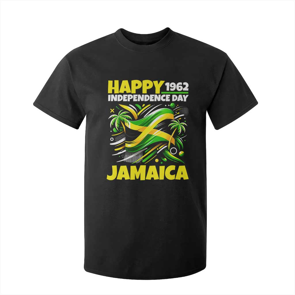 Happy Jamaican Independence Day 1962 Graphic T Shirt For Kid Jamaica Waving Flag and Palm Trees Caribbean Pride TS02 Black Print Your Wear