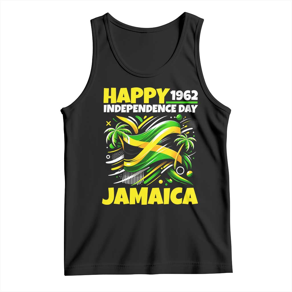 Happy Jamaican Independence Day 1962 Graphic Tank Top Jamaica Waving Flag and Palm Trees Caribbean Pride TS02 Black Print Your Wear