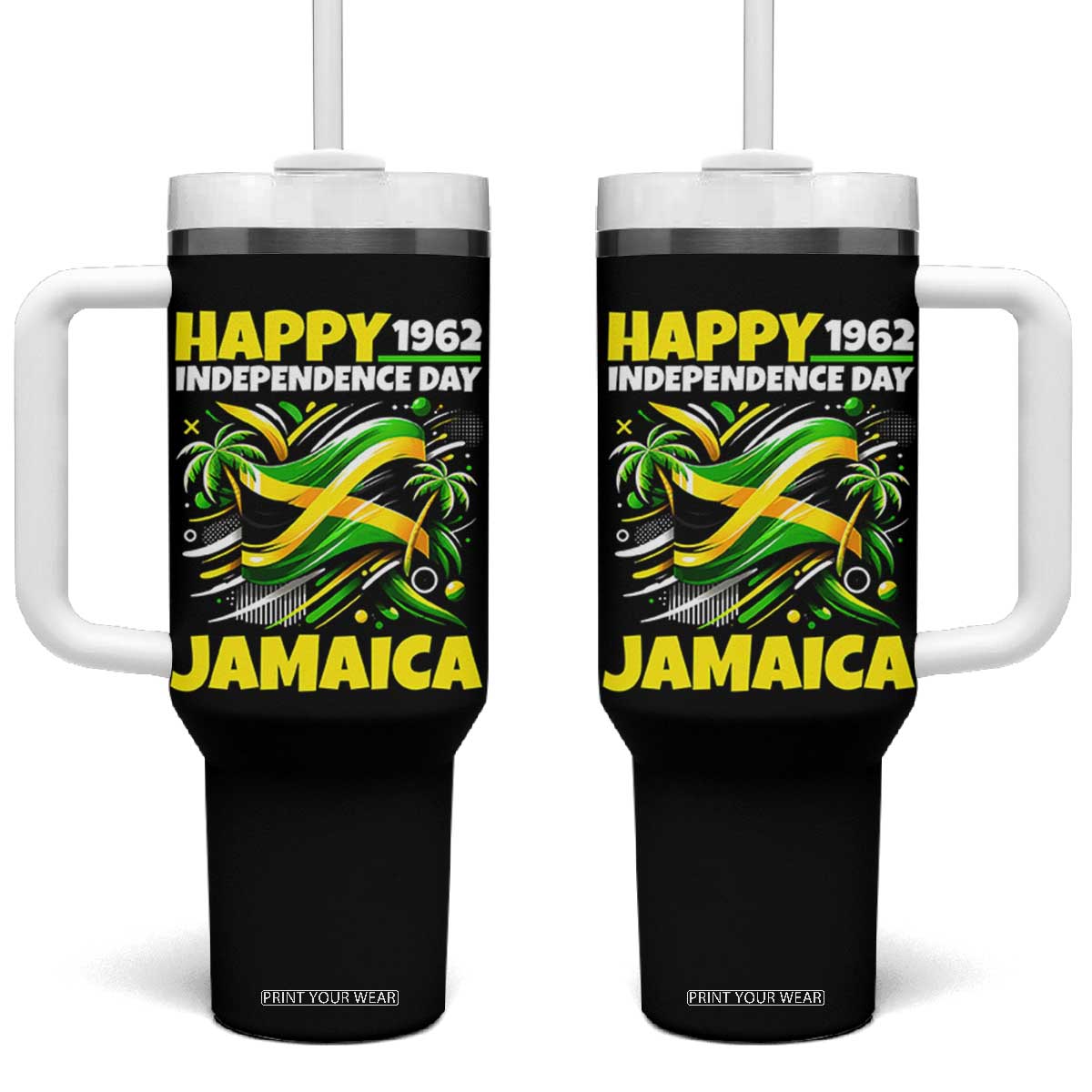 Happy Jamaican Independence Day 1962 Graphic Tumbler With Handle Jamaica Waving Flag and Palm Trees Caribbean Pride TS02 One Size: 40 oz Black Print Your Wear