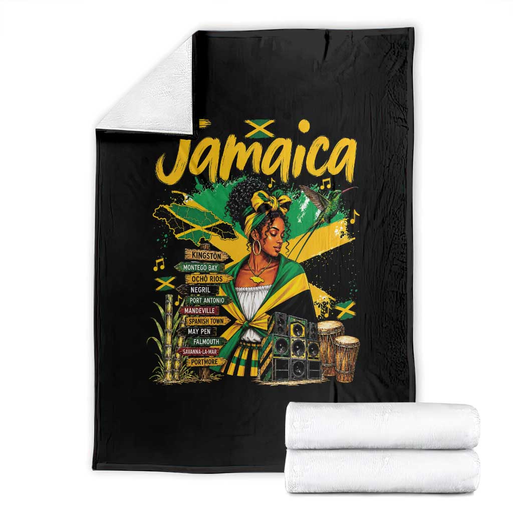 Proud Jamaican Queen Jamaica Roots Heritage Throw Blanket Doctor Bird and Island Landmarks Graphic TS02 Black Print Your Wear