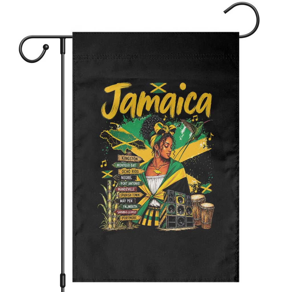 Proud Jamaican Queen Jamaica Roots Heritage Garden Flag Doctor Bird and Island Landmarks Graphic TS02 Black Print Your Wear