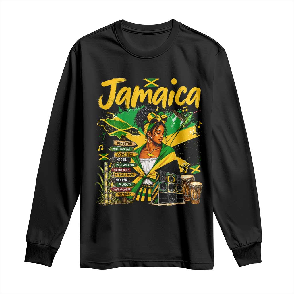 Proud Jamaican Queen Jamaica Roots Heritage Long Sleeve Shirt Doctor Bird and Island Landmarks Graphic TS02 Black Print Your Wear