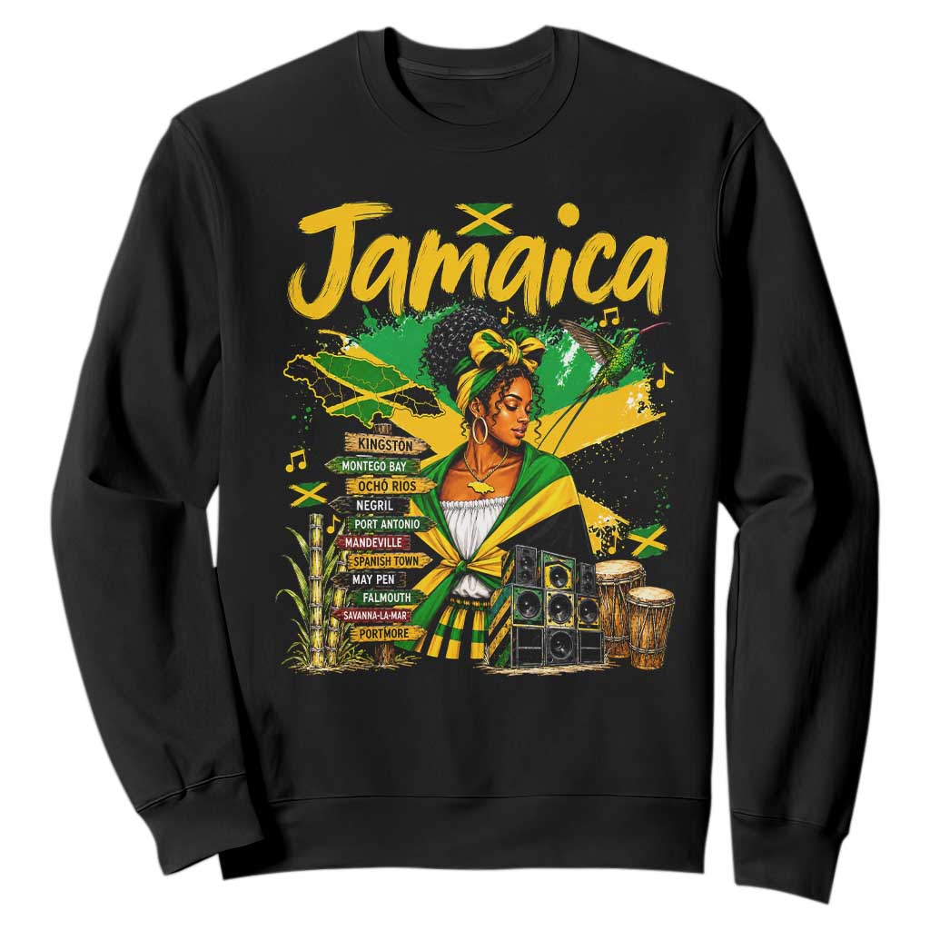 Proud Jamaican Queen Jamaica Roots Heritage Sweatshirt Doctor Bird and Island Landmarks Graphic TS02 Black Print Your Wear