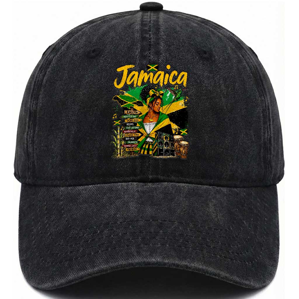 Proud Jamaican Queen Jamaica Roots Heritage Washed Cotton Baseball Cap Doctor Bird and Island Landmarks Graphic TS02 Print Your Wear