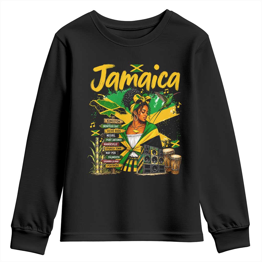Proud Jamaican Queen Jamaica Roots Heritage Youth Sweatshirt Doctor Bird and Island Landmarks Graphic TS02 Black Print Your Wear