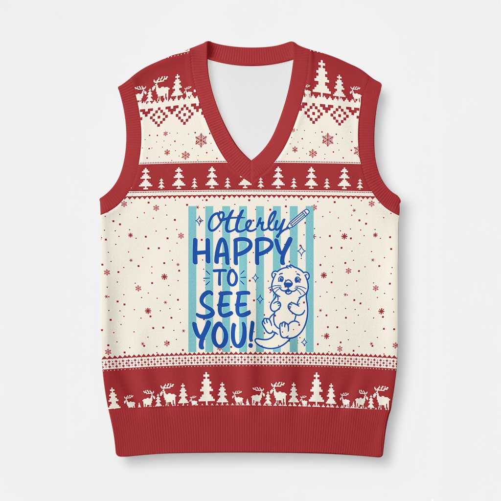 Cute Otter Pun Back To School Retro Preppy V-Neck Knit Sweater Vest Otterly Happy To See You TS02 Beige Red Print Your Wear