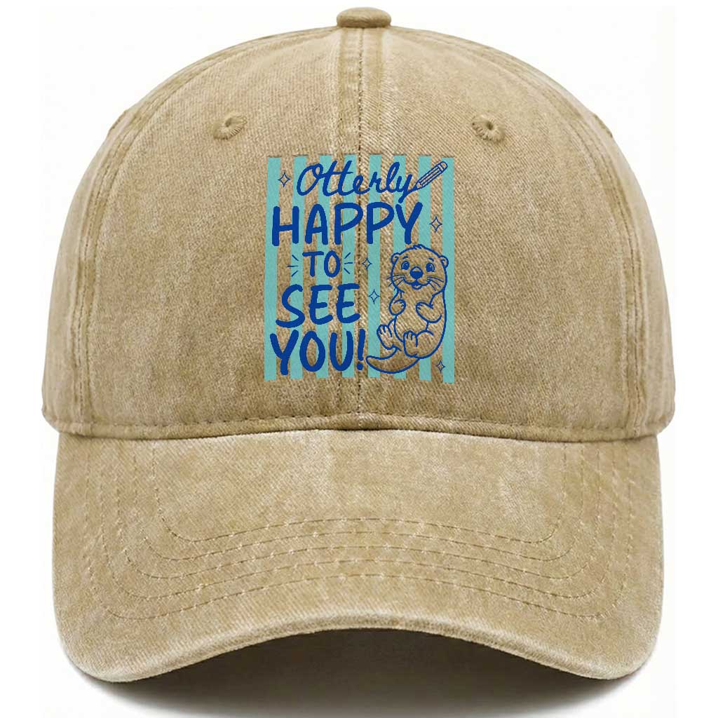 Cute Otter Pun Back To School Retro Preppy Washed Cotton Baseball Cap Otterly Happy To See You TS02 Print Your Wear